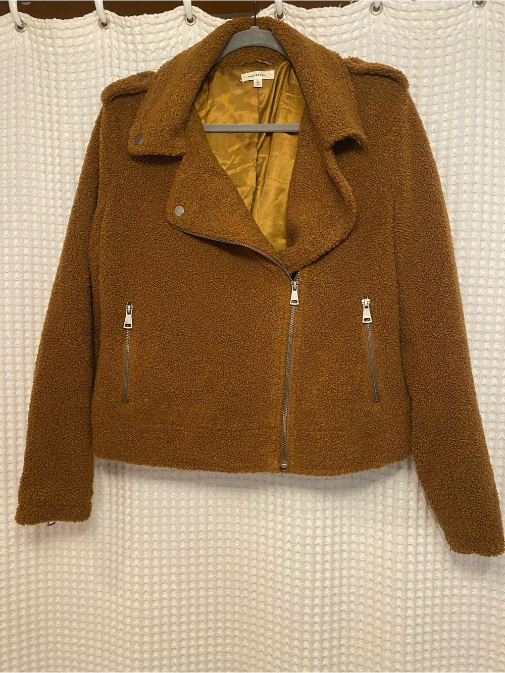 Max Studio Women’s L Sherpa Boucle Teddy Moto Jacket Bronze Zip Coat